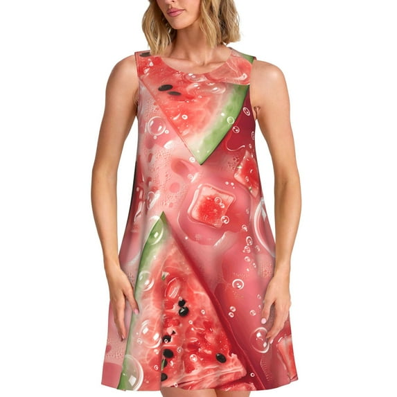 Salouo Refreshing Watermelon Slices for Women's Summer Dresses 2025 Beach Casual U Neck Sleeveless Tank Loose Sundress with Pocket -X-Large