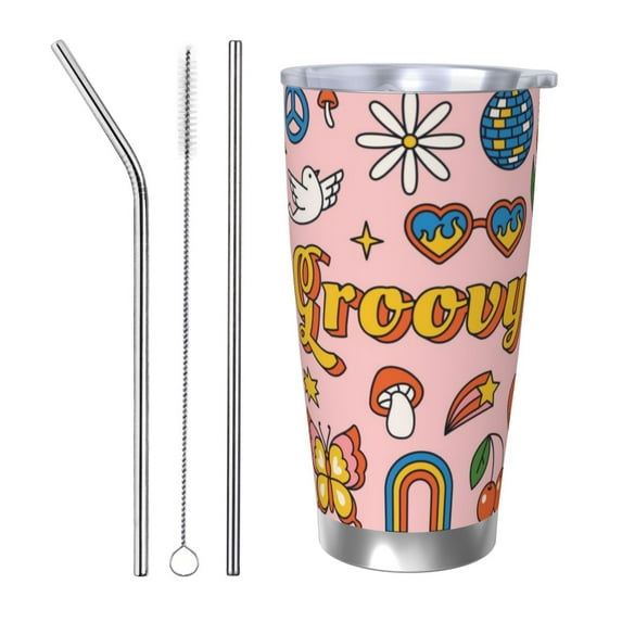 Salouo Retro 70s Hippie Print 20oz Tumbler with Lid,Stainless Steel Vacuum Insulated Tumbler Durable Insulated Coffee Mug Thermal Cup with Splash Proof Sliding Lid-Straw Three-piece Set