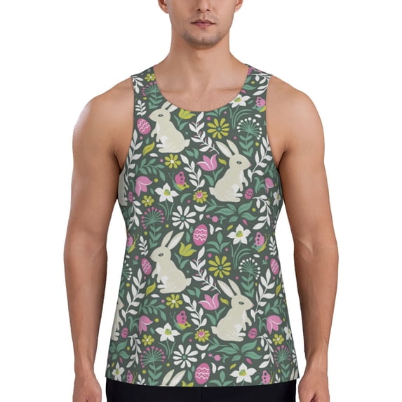 Salouo Retro Bunny Floral for Men's Tank Tops,Sleeveless Muscle Shirts for Men Quick Dry Workout Tank Top Gym Muscle Tee Fitness Bodybuilding Sleeveless T Shirt-Medium