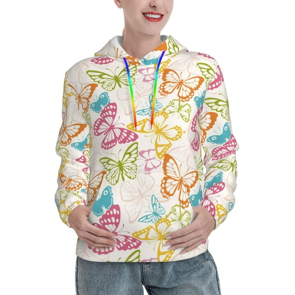 Salouo Retro Colorful Butterfly Pattern Hoodie Sweatshirts for Women, Autumn Pullover Hoodie Workout Sweat Women's Long Sleeve Preppy Sweatshirts-Small