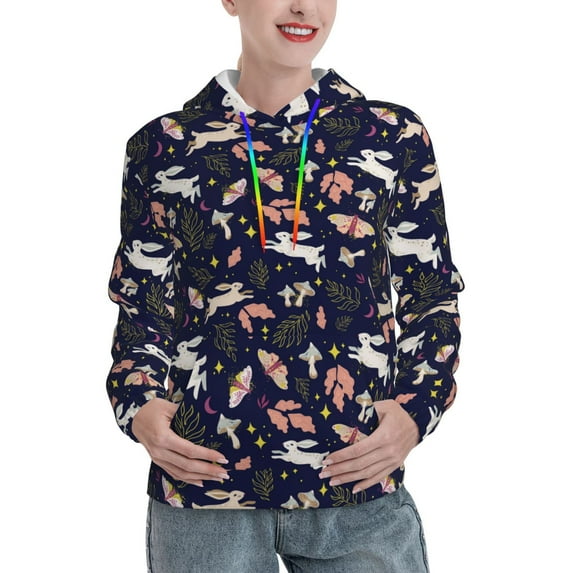 Salouo Retro Rabbit Flower Pattern Hoodie Sweatshirts for Women, Autumn Pullover Hoodie Workout Sweat Women's Long Sleeve Preppy Sweatshirts-XX-Large