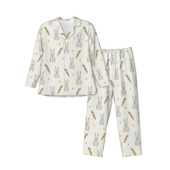 Salouo Retro Rabbit Print Button-Front Long Sleeve Pajama Set for Men, Soft 2Pjs Men's Long Sleeve Sleepwear-XX-Large