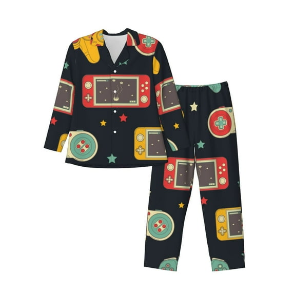 Salouo Retro Video Game Print Button-Front Long Sleeve Pajama Set for Men, Soft 2Pjs Men's Long Sleeve Sleepwear-X-Large