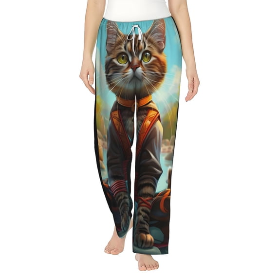 Salouo Riverside Meditating Cat Print Women's Pajama Pants Casual Loose Sweatpants PJs Flowy Pants Drawstring Palazzo for Women Wide Leg Pants Lounge Pajama -XX-Large