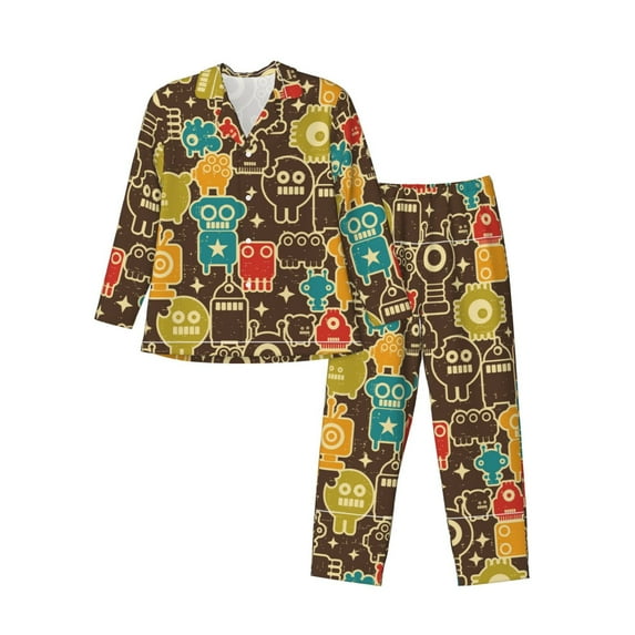 Salouo Robot and Monsters Print Button-Front Long Sleeve Pajama Set for Men, Soft 2Pjs Men's Long Sleeve Sleepwear-X-Large