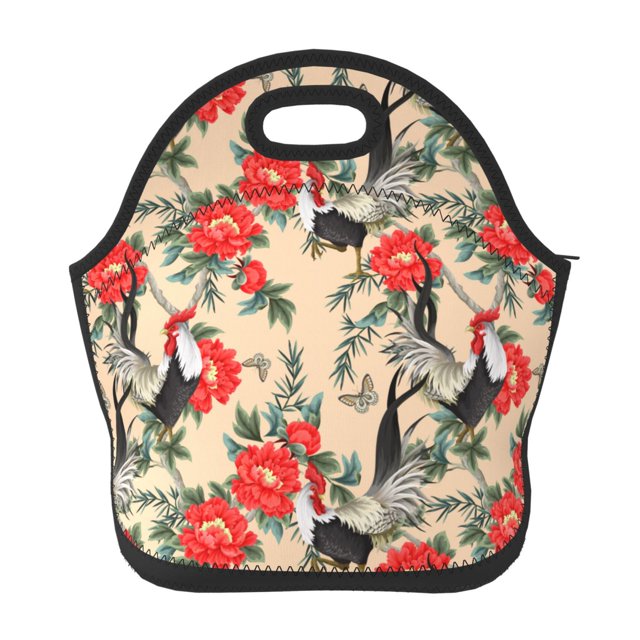 Salouo Roosters And Peonies Flowers for Lunch Tote,Lunch Bag Insulated