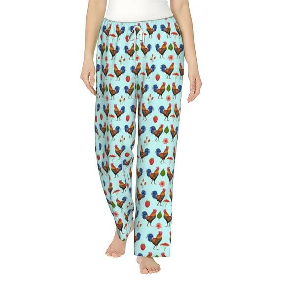 Salouo Roosters And Plants Print Women's Pajama Pants Casual Loose Sweatpants PJs Flowy Pants Drawstring Palazzo for Women Wide Leg Pants Lounge Pajama -Medium
