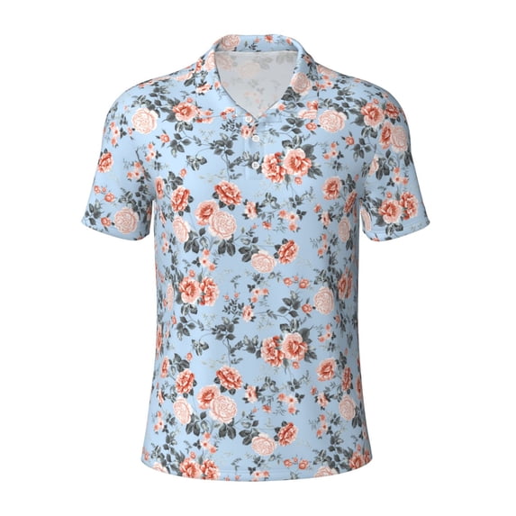 Salouo Rose Flowers for Men's Short Sleeve Polo Shirts,Polo Shirts for Men Performance Short Sleeve Golf Shirt Athletic Casual Collared T-Shirt-Medium