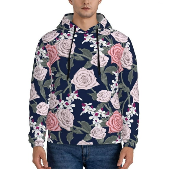 Salouo Rose Flowers Pattern Men's Fall Hoodie Sweatshirt,Sport Hoodie with Pockets for Men Pullover Casual Hooded Sweatshirt-Small