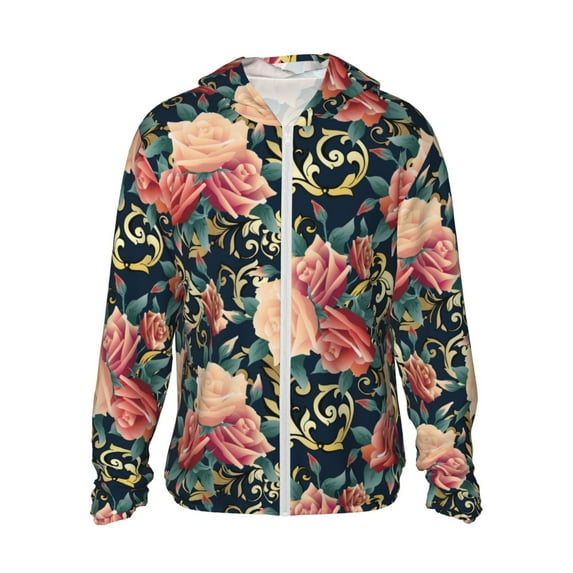 Salouo Rose Flowers Print Adult Sun Protection Clothing,Long Sleeve Rash Guard Fishing Running UV Sun Hoodie for Men & Women-X-Large