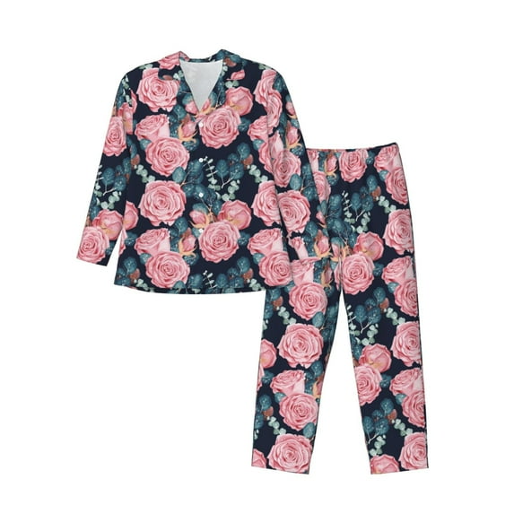 Salouo Rose Flowers Print Button-Front Long Sleeve Pajama Set for Men, Soft 2Pjs Men's Long Sleeve Sleepwear-X-Large