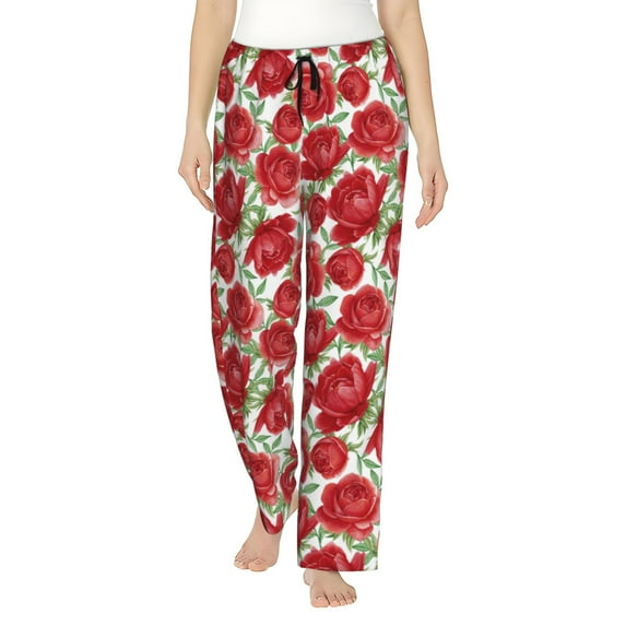 Salouo Rose Flowers Print Women's Pajama Pants Casual Loose Sweatpants PJs Flowy Pants Drawstring Palazzo for Women Wide Leg Pants Lounge Pajama -Medium