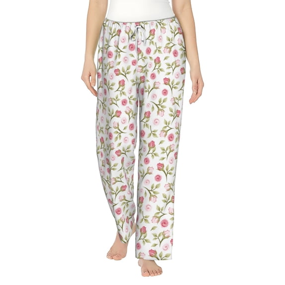 Salouo Rose Flowers Print Women's Pajama Pants Casual Loose Sweatpants PJs Flowy Pants Drawstring Palazzo for Women Wide Leg Pants Lounge Pajama -Medium