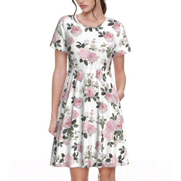 Salouo Rose Flowers for Women's Short Sleeve Summer Dress, Pleated Loose Swing Knee Length Dresses with Pockets