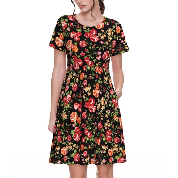 Salouo Rose Flowers for Women's Short Sleeve Summer Dress, Pleated Loose Swing Knee Length Dresses with Pockets