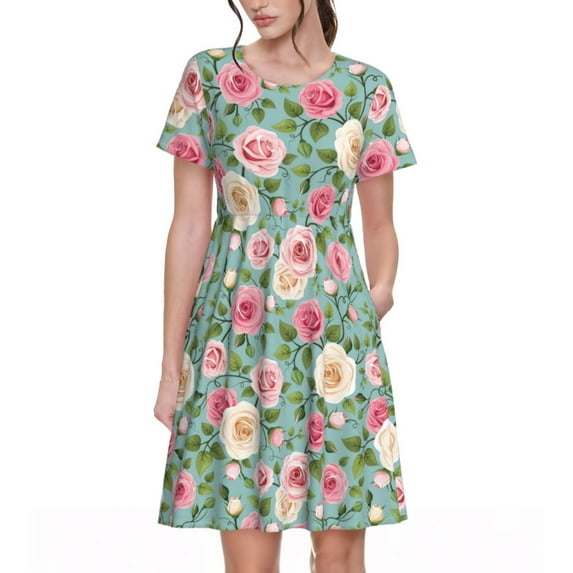 Salouo Rose Flowers for Women's Short Sleeve Summer Dress, Pleated Loose Swing Knee Length Dresses with Pockets