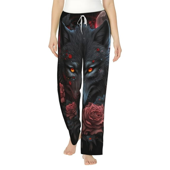 Salouo Rose Full Moon Black Wolf Print Women's Pajama Pants Casual Loose Sweatpants PJs Flowy Pants Drawstring Palazzo for Women Wide Leg Pants Lounge Pajama -XX-Large