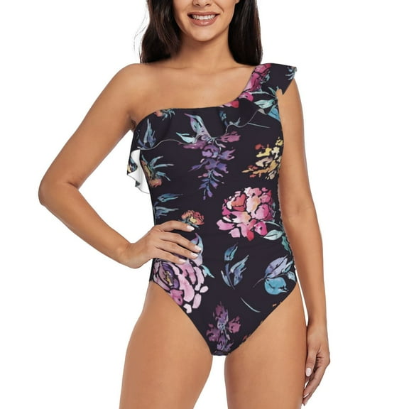 Salouo Roses Flowers Pattern One Shoulder Ruffled One Piece Swimsuit for Women V Neck Swimwear Tummy Control Bathing Suit-Large