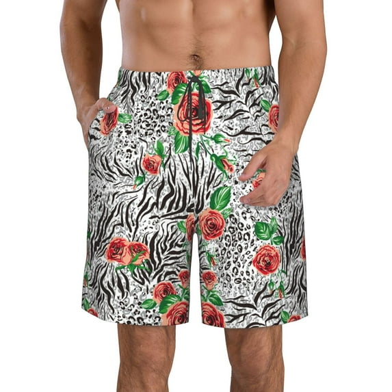 Salouo Roses Mixed Zebra 1 Pattern Swim Trunks for Men,Men's Hawaiian Bathing Suit Swimsuits Quick Dry Swimming Board Shorts Beach Shorts with Pockets-XX-Large