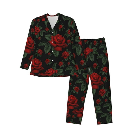 Salouo Roses Print Button-Front Long Sleeve Pajama Set for Men, Soft 2Pjs Men's Long Sleeve Sleepwear-Small