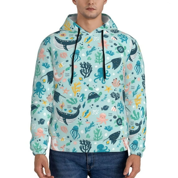 Salouo Sea Life Pattern Men's Fall Hoodie Sweatshirt,Sport Hoodie with Pockets for Men Pullover Casual Hooded Sweatshirt-X-Large