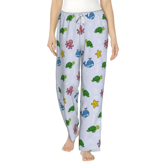 Salouo Sea Turtle Whale Print Women's Pajama Pants Casual Loose Sweatpants PJs Flowy Pants Drawstring Palazzo for Women Wide Leg Pants Lounge Pajama -Medium