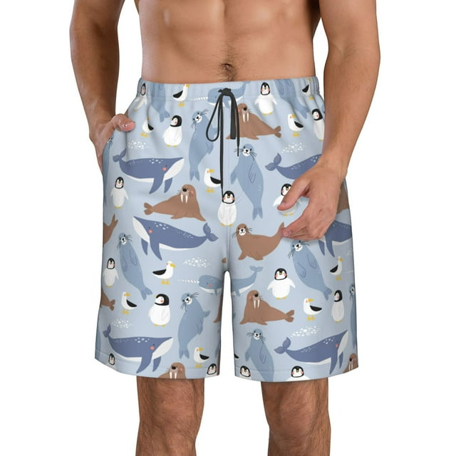 Salouo Seal Fox Seagull Whales Pattern Swim Trunks for Men,Men's