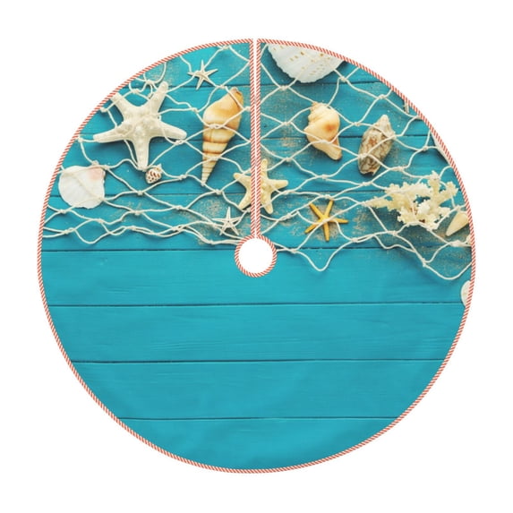 Salouo Seashells And Fishing Net On Blue Wooden Table Christmas Tree Skirt 48" Farmhouse Christmas Decorations Snowman Xmas Tree Skirt Tree Mat for Holiday Party Decor