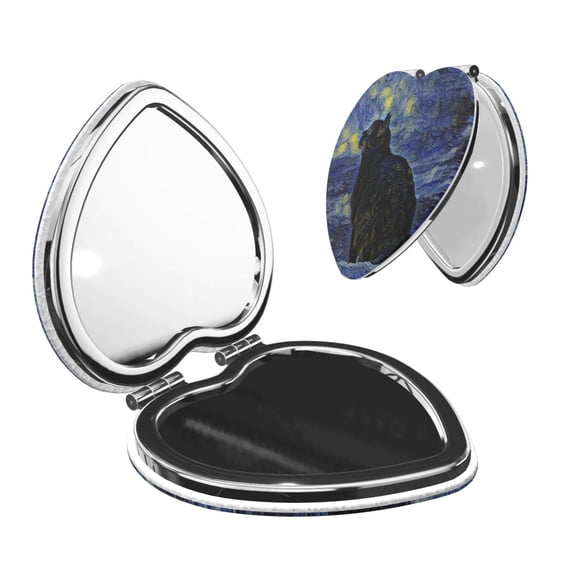 Salouo Shambhala Cat In Van Gogh Impressionist Print Travel Makeup Mirror,Pocket Mirror Portable Hand Mirror 2 x 1x Magnification Folding Makeup Mirror for Handbag and Purses-Heart Shape
