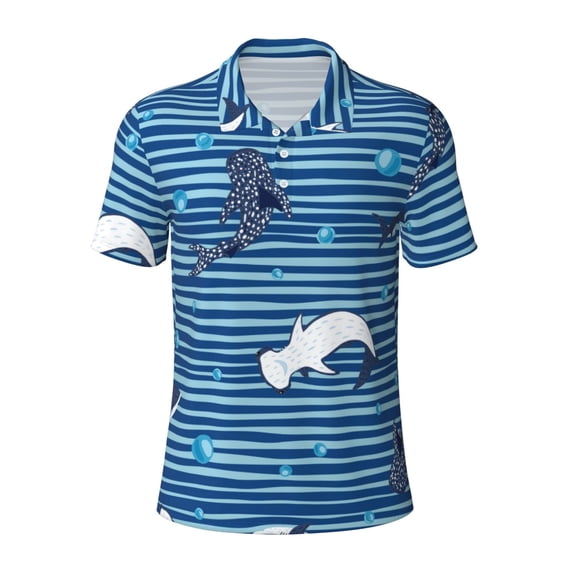 Salouo Sharks on White Blue Striped for Men's Short Sleeve Polo Shirts,Polo Shirts for Men Performance Short Sleeve Golf Shirt Athletic Casual Collared T-Shirt-XX-Large