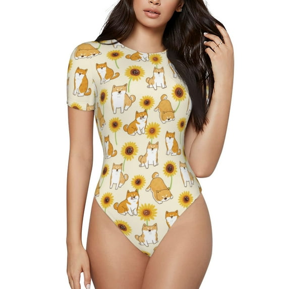 Salouo Shiba Inu Sunflower for Women's Short Sleeve Bodysuit,Sexy Bodysuits One Piece Round Neck Bodysuit Shapewear Tummy Control-XX-Large