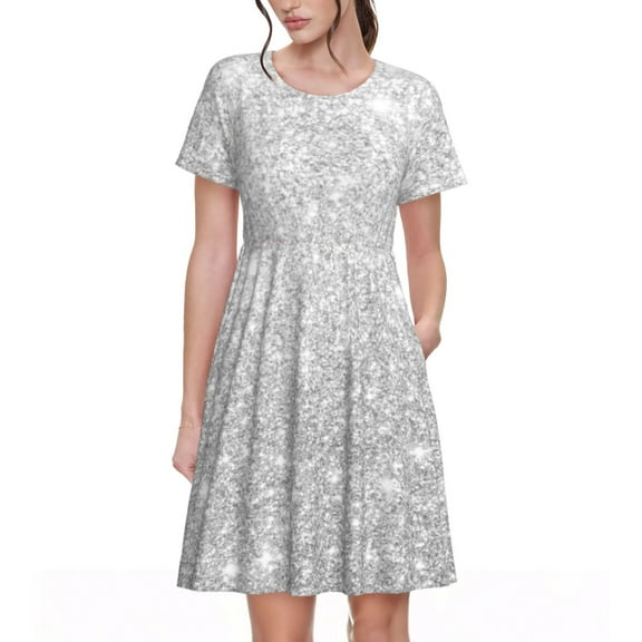 Salouo Silver Glitter for Women's Short Sleeve Summer Dress, Pleated Loose Swing Knee Length Dresses with Pockets