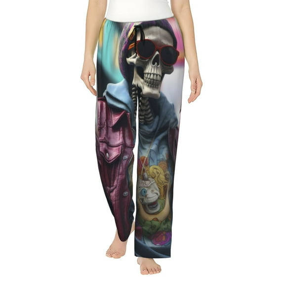 Salouo Skeleton Cool Street Fashion Print Women's Pajama Pants Casual Loose Sweatpants PJs Flowy Pants Drawstring Palazzo for Women Wide Leg Pants Lounge Pajama -XX-Large