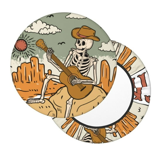 Salouo Skeleton Cowboy And Guitar Pattern Bar Stool Cushion Cover, Round Crease-Resistant Stretchy Dustproof Stool Seat Slipcover for Bar Round Chair-12 inch