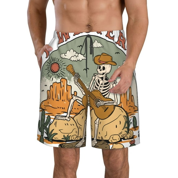 Salouo Skeleton Cowboy And Guitar Pattern Swim Trunks for Men,Men's Hawaiian Bathing Suit Swimsuits Quick Dry Swimming Board Shorts Beach Shorts with Pockets-X-Large