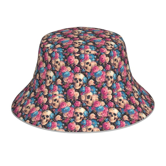 Salouo Skull Blue Flower Print Unisex Bucket Hat, Outdoor Summer Beach Fishing Sun Hat Fun Outdoor Vacation Hat for Men Women Teens,Reversible Double-Side-Wear