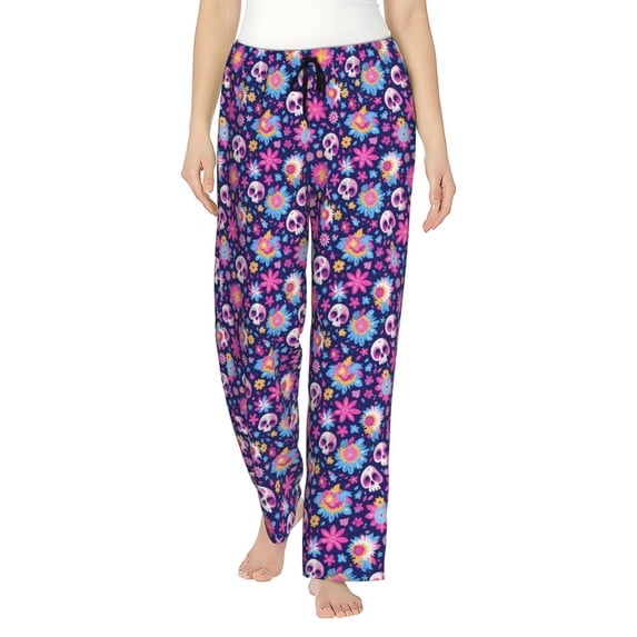 Salouo Skull Blue Flower Print Women's Pajama Pants Casual Loose Sweatpants PJs Flowy Pants Drawstring Palazzo for Women Wide Leg Pants Lounge Pajama -X-Large