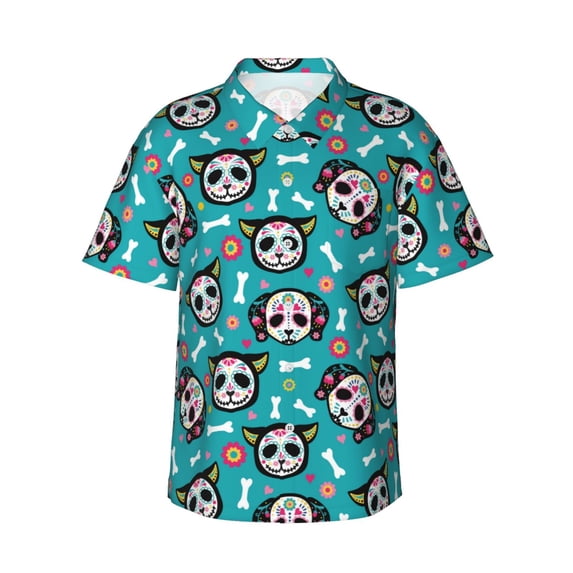 Salouo Skull Cat for Hawaiian Shirt for Men,Summer Beach Casual Short Sleeve Button Down Shirts Men's Regular-Fit Short-Sleeve Print Shirt -Small