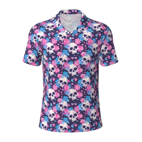 Salouo Skull Flower Blue for Men's Short Sleeve Polo Shirts,Polo Shirts for Men Performance Short Sleeve Golf Shirt Athletic Casual Collared T-Shirt-4X-Large