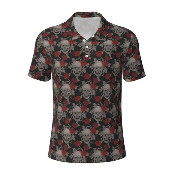 Salouo Skull and Red Roses for Men's Short Sleeve Polo Shirts,Polo Shirts for Men Performance Short Sleeve Golf Shirt Athletic Casual Collared T-Shirt-X-Large