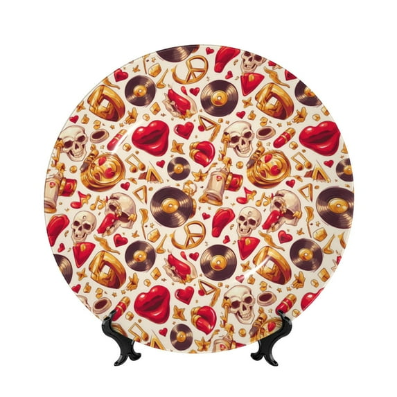 Salouo Skull Retro record lips Pattern Bone China Decorative Plate,Holiday Decor Decorative Ceramic Plates with Stand Elegant Home DéCor for Hallway/Living Room/Bedroom-6in