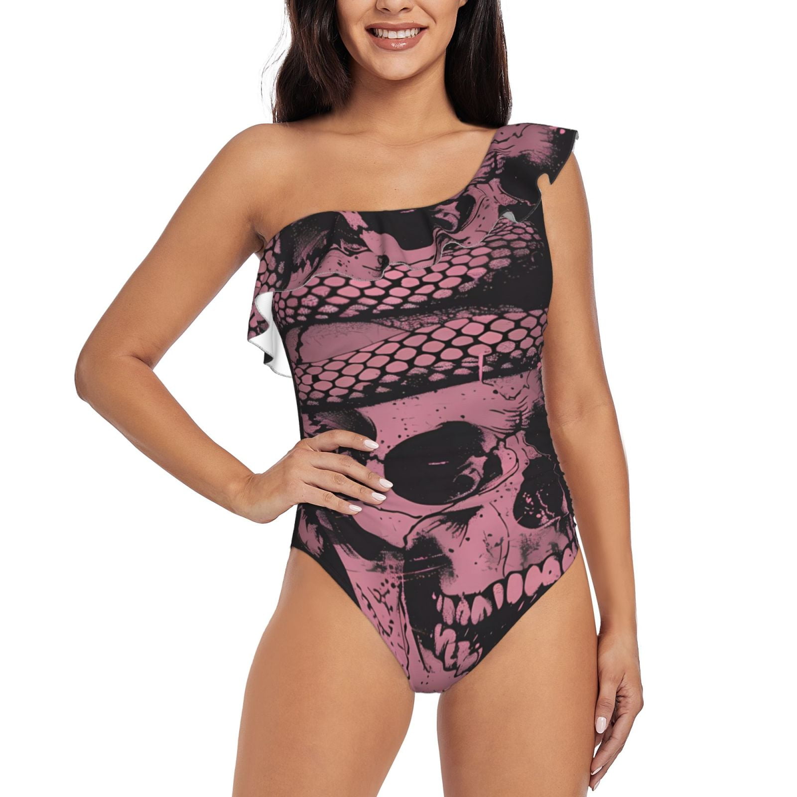 salouo-skull-and-snake-art-pattern-one-shoulder-ruffled-one-piece