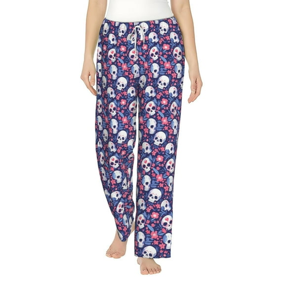 Salouo Skull cartoon flower Print Women's Pajama Pants Casual Loose Sweatpants PJs Flowy Pants Drawstring Palazzo for Women Wide Leg Pants Lounge Pajama -X-Large