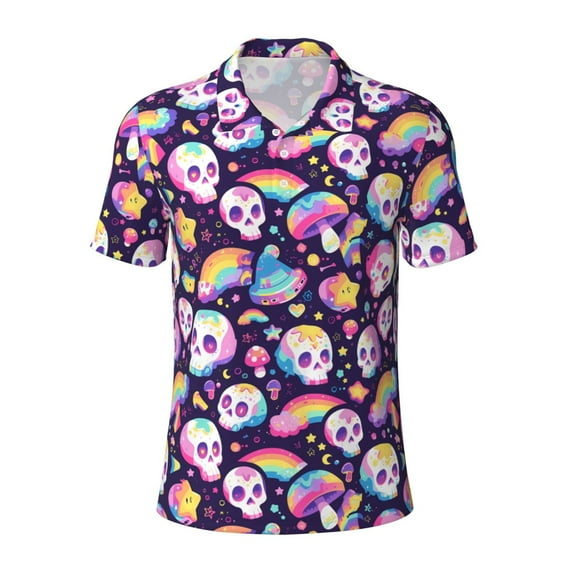 Salouo Skull colorful mushroom rainbow for Men's Short Sleeve Polo Shirts,Polo Shirts for Men Performance Short Sleeve Golf Shirt Athletic Casual Collared T-Shirt-Small