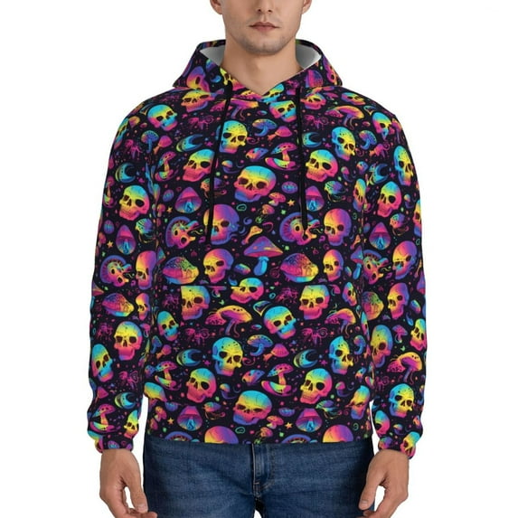 Salouo Skull mushroom rainbow color Pattern Men's Fall Hoodie Sweatshirt,Sport Hoodie with Pockets for Men Pullover Casual Hooded Sweatshirt-Medium