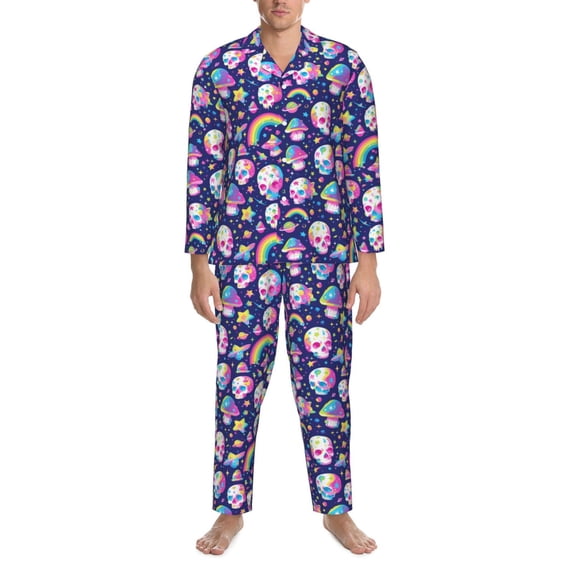 Salouo Skull mushroom rainbow space Print Button-Front Long Sleeve Pajama Set for Men, Soft 2Pjs Men's Long Sleeve Sleepwear -X-Large