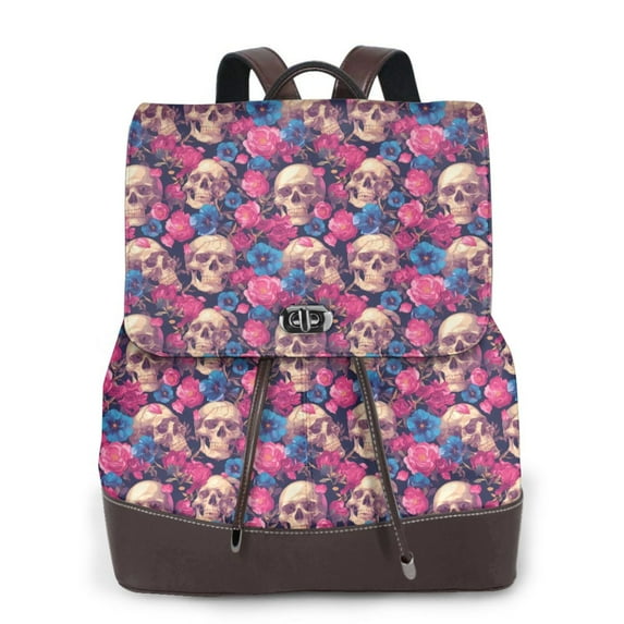 Salouo Skull rose blue flower Pattern PU Leather Backpack,Purse for Women Fashion Multipurpose Design Handbag Ladies Shoulder Bags Travel Backpack