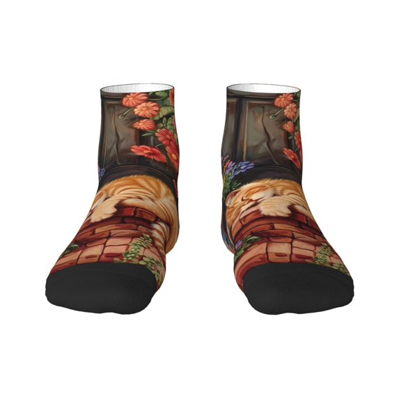 Salouo Sleeping Cat Flowers Pattern Unisex Middle Tube Socks,Middle-Finger Knee High Socks Over The Calf Tube Stocking Crew Stockings for Women and Men Tube Socks
