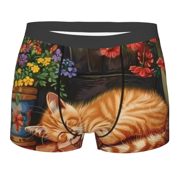 Salouo Sleeping Cat Flowers Print Men's Boxer Briefs,Breathable Underwear Elastic Waistband Briefs for Men -XX-Large