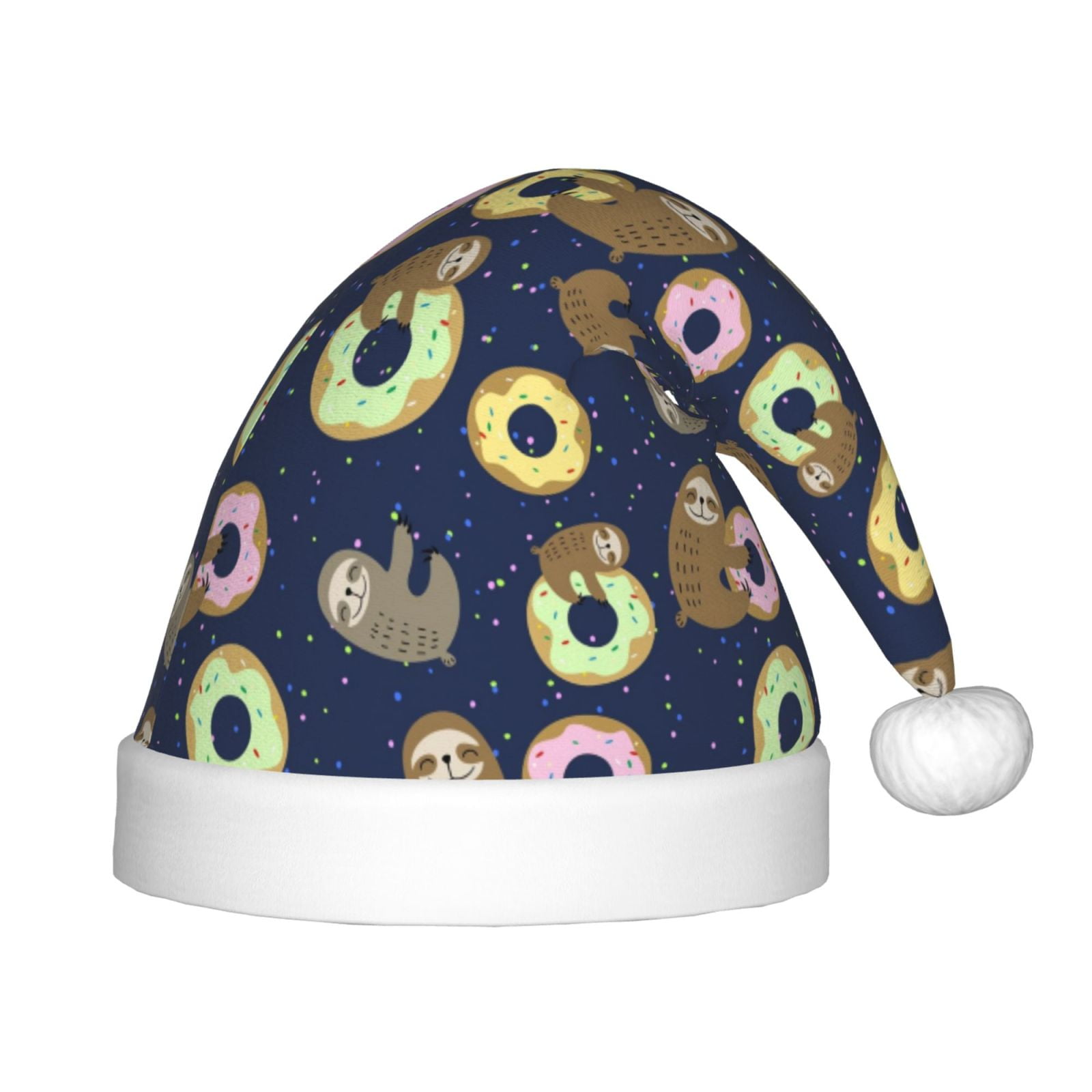 Salouo Sloth with Donuts for Christmas Hat for Kids Xmas Holiday Hat Santa Hat for Boys & Girls Festive Headwear Accessories Fit for Christmas/ New Year/Holiday/Party